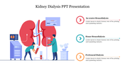 Illustration of kidney dialysis slide with a medical professional operating a dialysis machine with three captions.