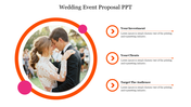 Wedding event proposal slide featuring a bride and groom in a circular image, with three bullet points on the right.