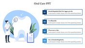 Illustration of a dentist examining a large tooth with a clipboard nearby, and four oral care tips in numbered boxes.