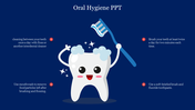 Oral hygiene slide featuring a smiling tooth character holding a toothbrush with tips on a dark blue backdrop.