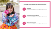 Split layout with a girl holding a pink flower and three numbered captions on the right detailing Down Syndrome types.