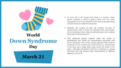 World down syndrome day graphic featuring a striped sock, hearts, and a March 21 date label.