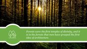 Slide featuring a serene forest image with a quote displayed in a green banner.