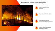 A forest fire photo with orange arc background and four icons displaying text in bullet points.