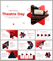 International theatre day slide deck featuring a theater with red seats and a screen, framed in a red play button shape.