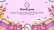 Mardi Gras slide with pink masks, purple and gold cones, and green beads on a light background.