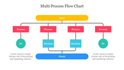 Multi-process colorful flow chart slide showing two branches with several processes and decision steps with two text areas.