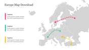 Europe map slide with dashed lines connecting points across regions and caption areas for each connection.