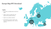 Teal colored Europe map with dark gray circles showing percentages, and captions on the left, set on a white background.