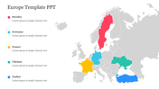 Europe map in gray, featuring colorful highlights for selected countries, next to labeled descriptions.