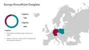 Map of Europe with two countries highlighted in maroon and teal, with a circular chart displaying percentages.