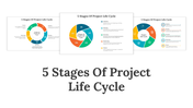 A pack of slides illustrating the 5 Stages of project life cycle, featuring colorful circular and hexagonal diagrams.