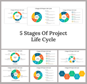 A pack of slides illustrating the 5 Stages of project life cycle, featuring colorful circular and hexagonal diagrams.