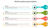 Market analysis slide with four colored sections, each containing an icon and captions for detailed descriptions.