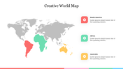 Creative world map highlighting South America, Africa, and Australia in color, with labeled captions on the right side.