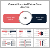 Red and navy themed slides comparing current state analysis with future, featuring text boxes and circular graphics.