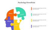 Psychology themed slide with a human head outline made of puzzle pieces labeled stress, anxiety, shame, and fear.