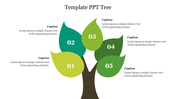 Tree-themed slide in green with five numbered leaves representing different steps, each set with a caption area.