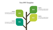 A  tree-themed slide representing growth and progress, with four numbered colored  boxes like branches with caption area.