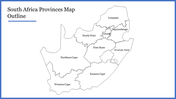 Outline map of South Africa showing its nine provinces on a white background with a blue frame with a title text.