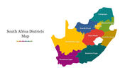 Map of south africa showing various districts highlighted in different colors on a white backdrop.