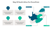 South Africa map showing different regions in green and blue tones, each with corresponding labeled text boxes.