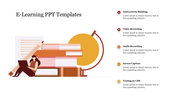 E-Learning PPT slide with a person reading by a stack of books and a globe, and five text areas on the right.