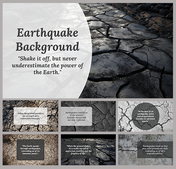 Pack of slides featuring cracked ground patterns, each with different quotes about earthquakes in varying text boxes.