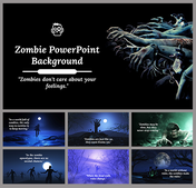 Set of slides with scenes of zombies and horror elements on a dark, spooky backgrounds.