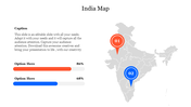 India map in gray with two highlighted markers, in orange and blue along with percentage bars and placeholder text.