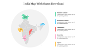 India map highlighting selected states with different colors and space for text annotations.