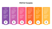 Vibrant PESTLE slide with sections for political, economic, sociological, technological, legal, and environmental analysis.