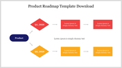 Roadmap slide with a blue oval branching into red and orange diamonds, with arrows and rectangular text boxes.