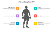 Fitness template with a silhouette of a person holding dumbbells, surrounded by icons and caption areas for exercises.