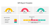 KPI report slide displaying software sales, downloads, and attendance metrics with speedometer gauges and growth indicators.