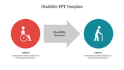 Slide with a disability process diagram, showing a person in a wheelchair icon transitioning to a person with a cane icon.