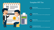 Tax presentation template with two characters, a calendar, calculator, and four topics with caption areas.