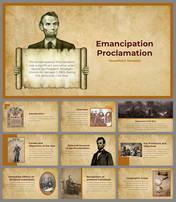 Slide deck with sepia tone backgrounds, featuring Abraham Lincoln and information on the Emancipation Proclamation.