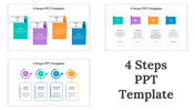 Series of slides showing different 4 step processes in a variety of layouts and colors like blue, orange, purple, and teal.