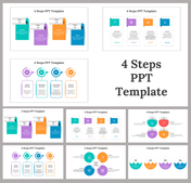 Series of slides showing different 4 step processes in a variety of layouts and colors like blue, orange, purple, and teal.