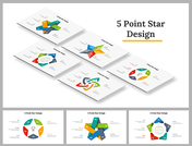 A visual collection of five point star design templates showcasing various infographics and layouts with icons.