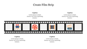 Film strip with movie-themed icons including a camera, film reel, countdown, and clapperboard, with placeholder captions.