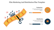 Yellow filmstrip illustration being cut by scissors with editing icons, and two progress bars indicating percentages.