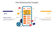 Film marketing slide with a central phone image and icons for digital marketing and social media on either side.