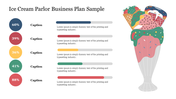 Business plan slide for an ice cream parlor showing percentage captions with progress bars and a decorative sundae.