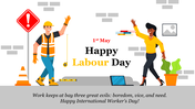 Illustration for Labour Day with two workers surrounded by various icons of warning sign, and plant pot with gray footer.