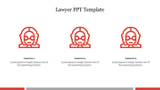 Slide with three red lawyer outline icons, arranged in a row with descriptive text placeholders below.