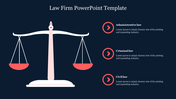 A law-themed slide template with an image of a balance scale, along with sections to describe various branches of law.