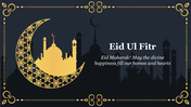 Eid Mubarak slide with a golden crescent moon and a silhouette of a mosque on a dark background framed by decorative borders.