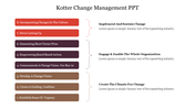 Change management slide with Kotter’s 8-step model, featuring color-coded steps and three overarching phases.